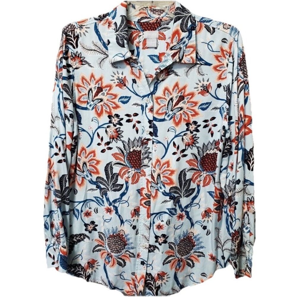 Chico's Blue‎ Sand Wash Satin Paisley Long Sleeve Button-Up Tunic Shirt Sz 2 (L)